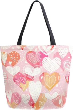 Stylish Sweet Hearts Pattern Extra Large Canvas Shoulder Tote Top Handle Bag for Gym Beach Weekender Travel Shopping