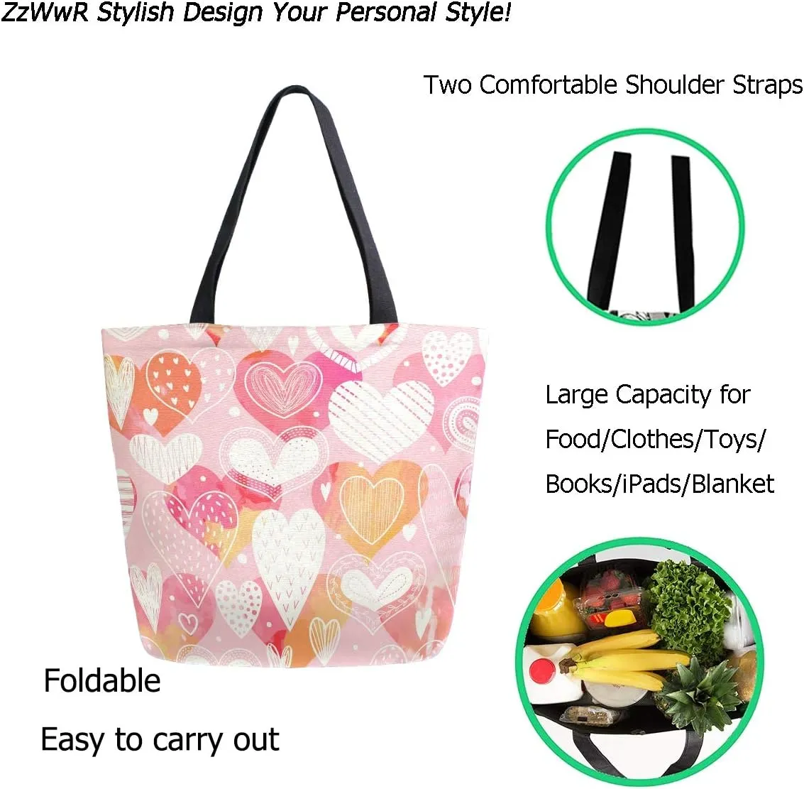 Stylish Sweet Hearts Pattern Extra Large Canvas Shoulder Tote Top Handle Bag for Gym Beach Weekender Travel Shopping