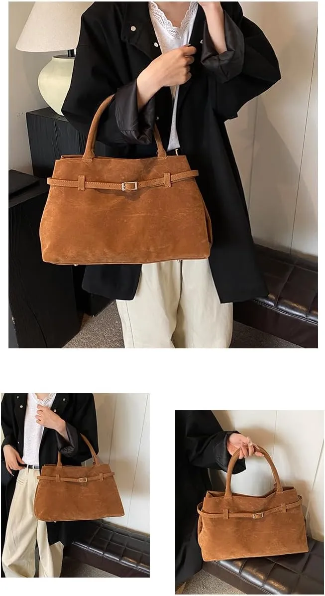 Suede Tote Bag for Women, Womens Purse Slouchy Hobo Handbag Brown Retro Top Handle Bag, Fashion Shoulder Satchel Work Bags