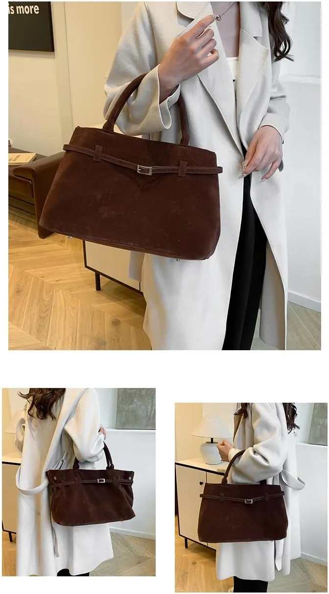 Suede Tote Bag for Women, Womens Purse Slouchy Hobo Handbag Brown Retro Top Handle Bag, Fashion Shoulder Satchel Work Bags
