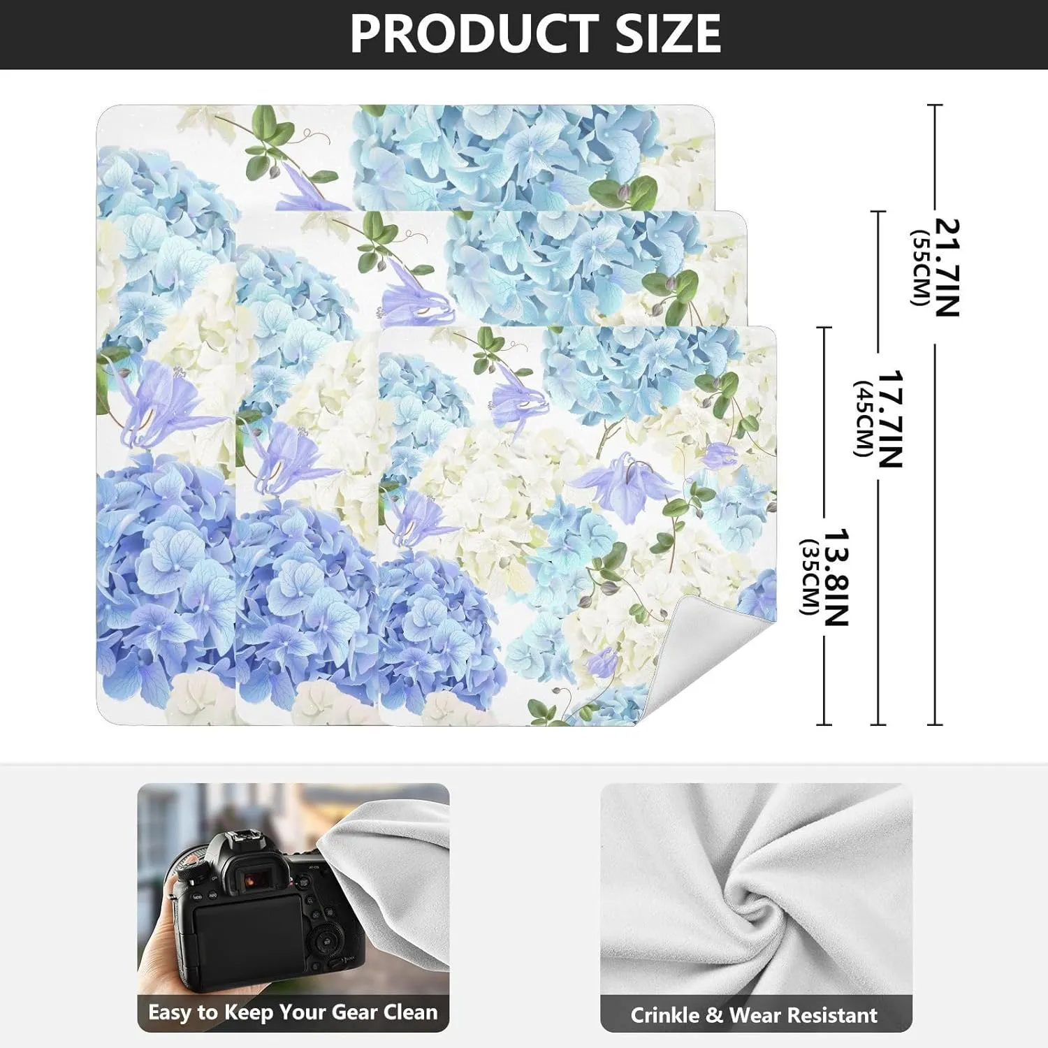 susiyo Blue White Hydrangea Flowers Protective Wrap Anti-scratch Lens Camera Wrap Lens Protector Magic Self-Adhesive Cloth Wrapper Portable Cosmetic Bag Travel Organizer for Camera DSLR Laptop Accesso