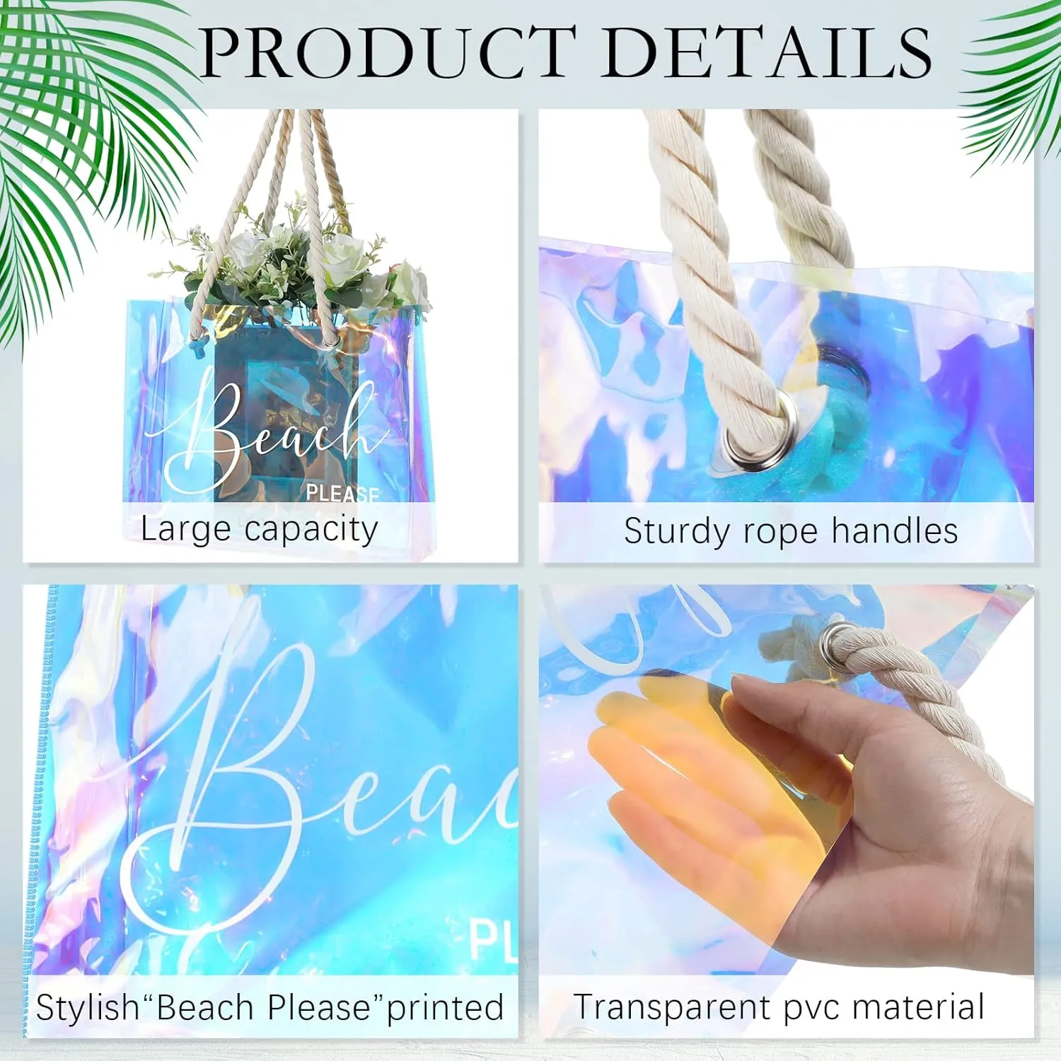 Sweetude Clear Beach Tote Bag Transparent Plastic PVC Women's Large Tote Waterproof Stadium Bags for Girl Summer Pool Party(Holographic)