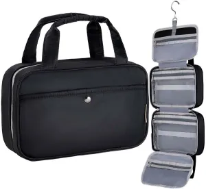 Travel Hanging Toiletry Bag for Women - Waterproof Cosmetic Organizer with Clear Window, Lightweight Bathroom Bags for Essentials, Makeup, Shampoo, Toiletries (Black, Medium)