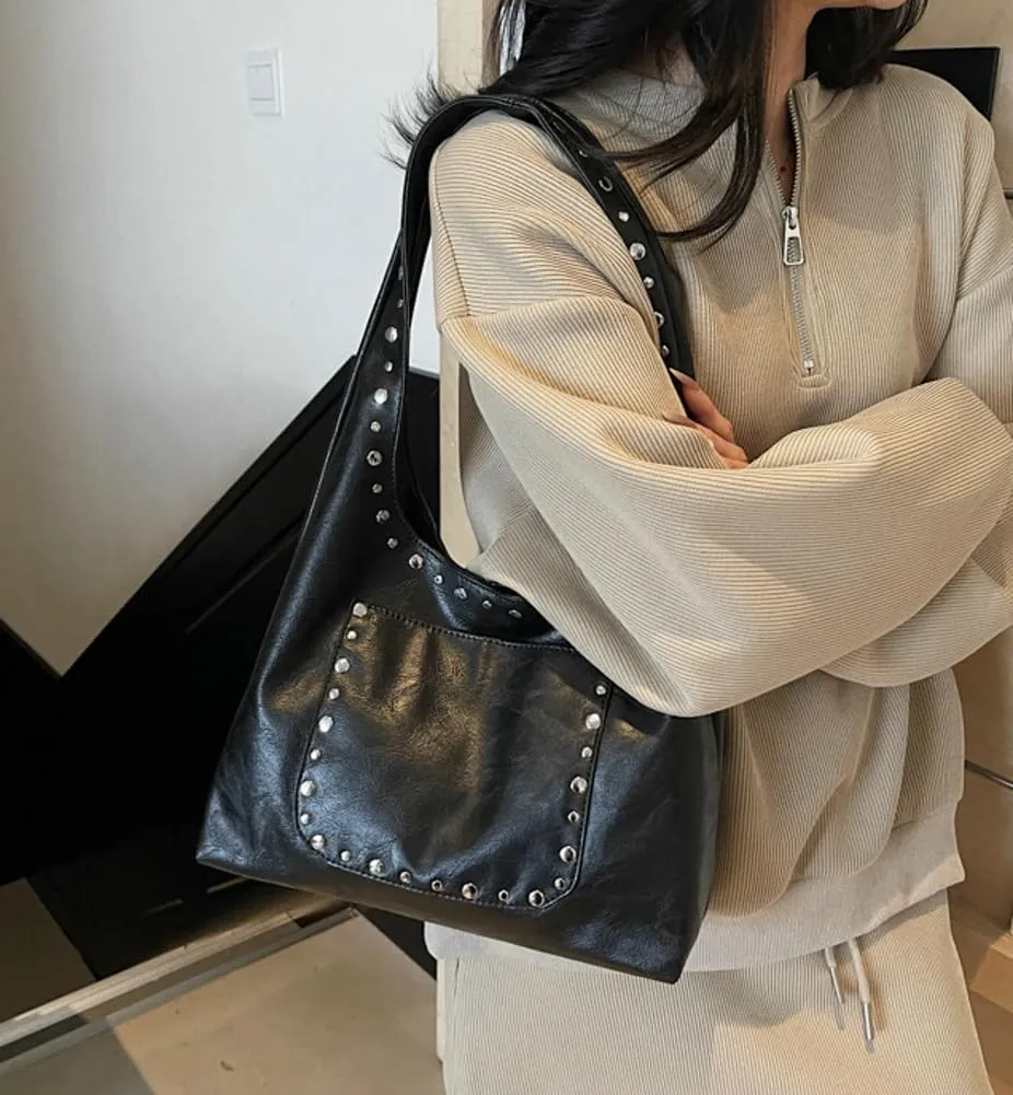 Trendy PU Leather Hobo Bags Vintage Tote Bags Studded Purses for Women Y2K Purse Chic Shoulder Handbags