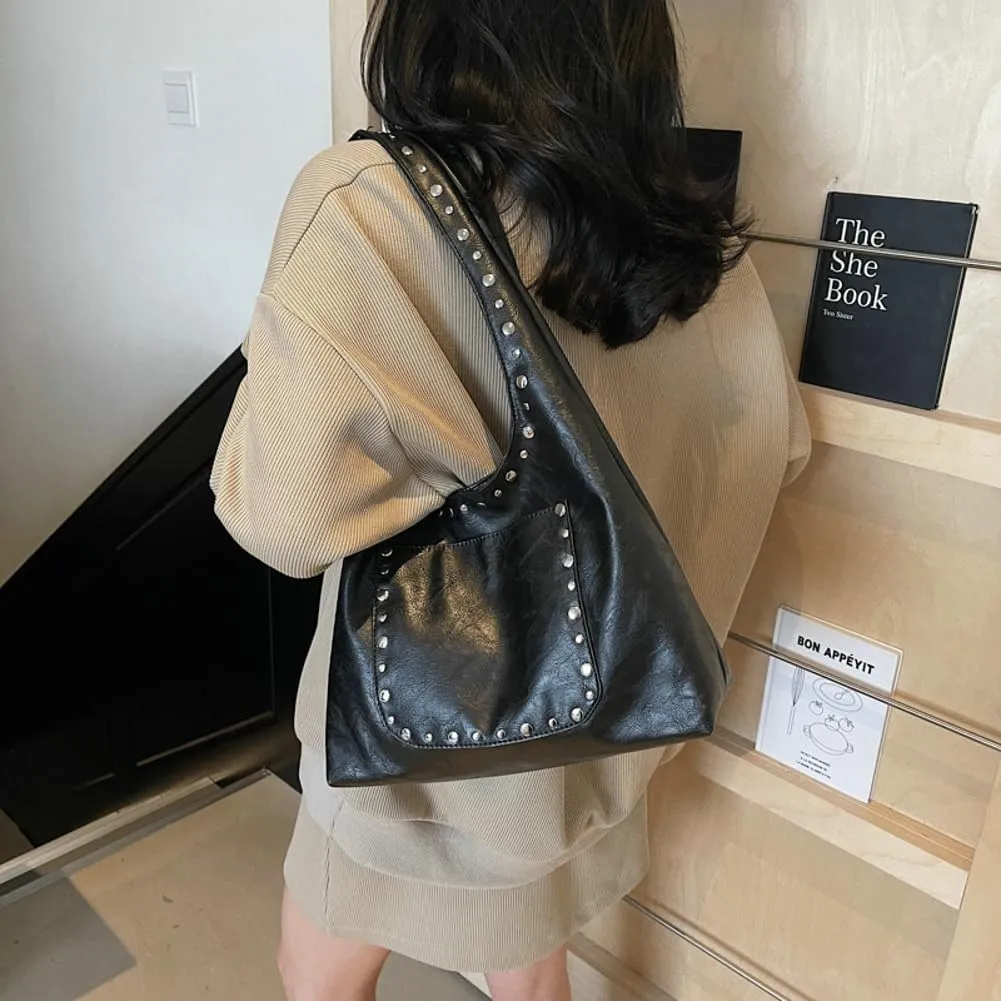 Trendy PU Leather Hobo Bags Vintage Tote Bags Studded Purses for Women Y2K Purse Chic Shoulder Handbags