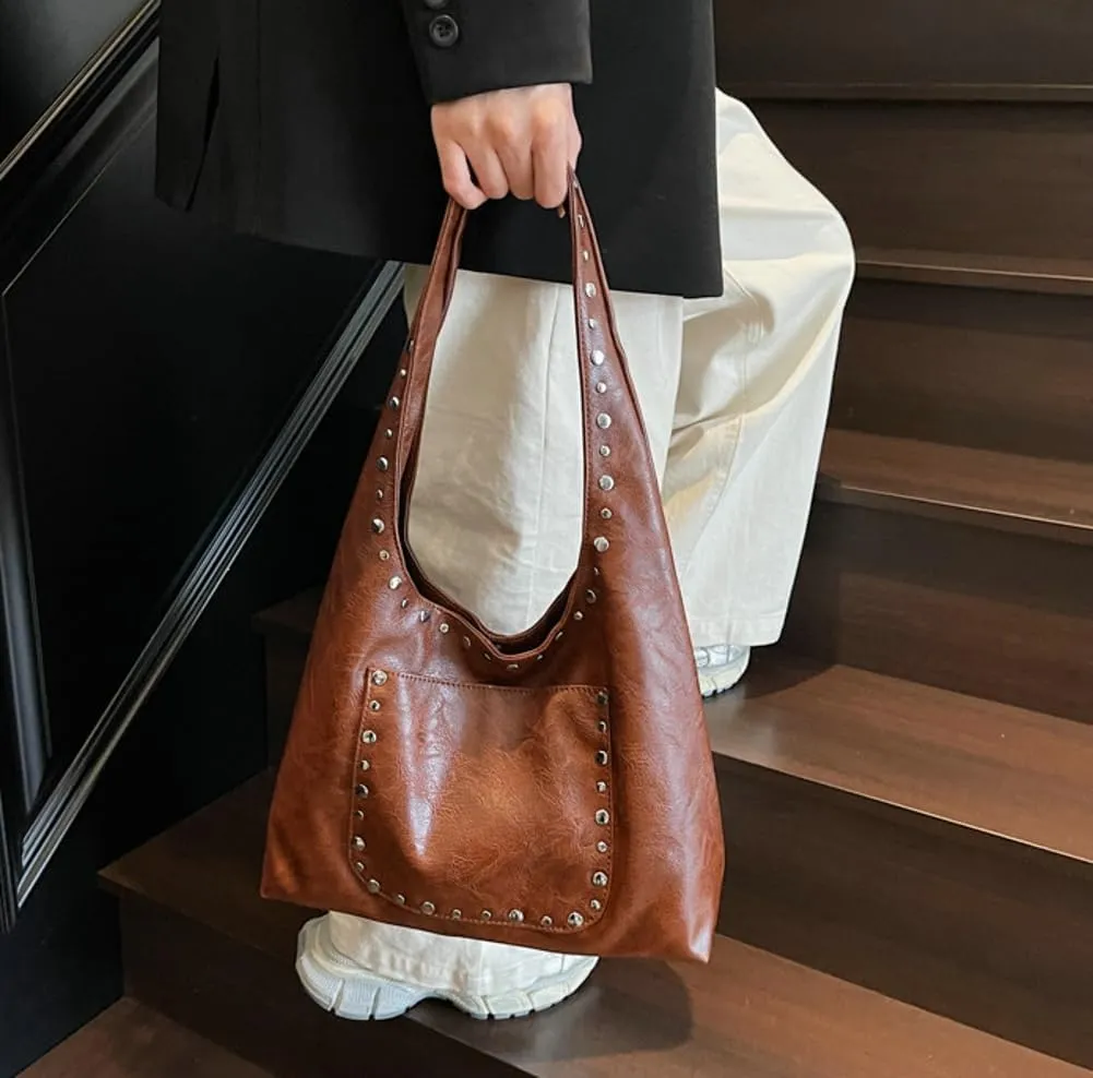 Trendy PU Leather Hobo Bags Vintage Tote Bags Studded Purses for Women Y2K Purse Chic Shoulder Handbags