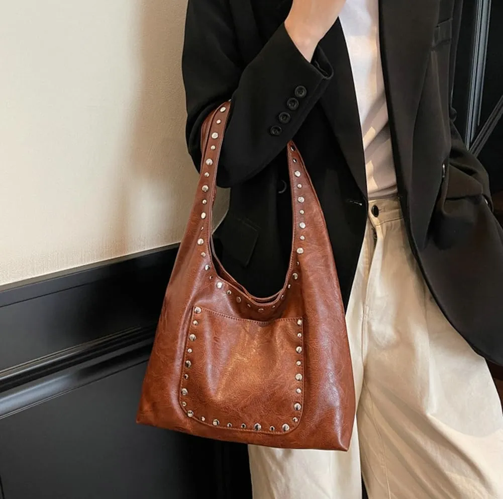 Trendy PU Leather Hobo Bags Vintage Tote Bags Studded Purses for Women Y2K Purse Chic Shoulder Handbags