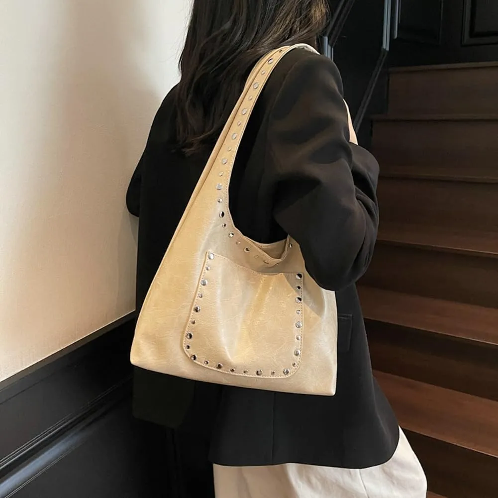 Trendy PU Leather Hobo Bags Vintage Tote Bags Studded Purses for Women Y2K Purse Chic Shoulder Handbags