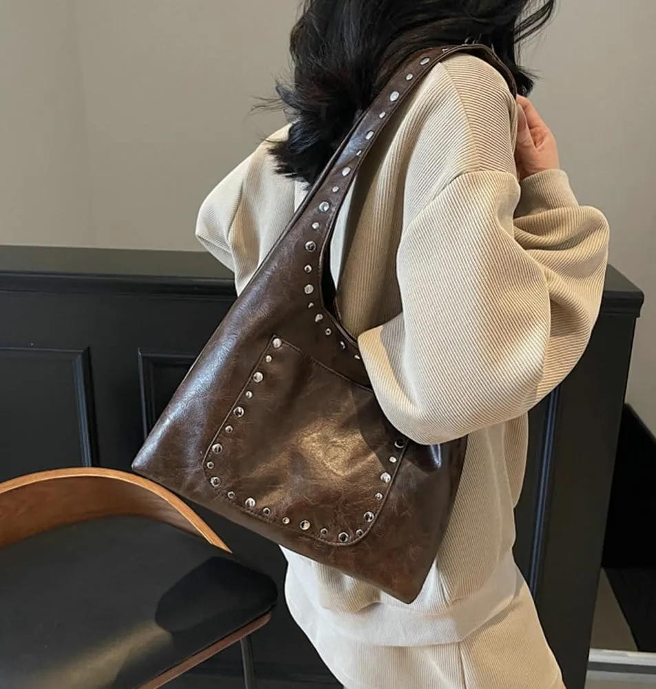 Trendy PU Leather Hobo Bags Vintage Tote Bags Studded Purses for Women Y2K Purse Chic Shoulder Handbags