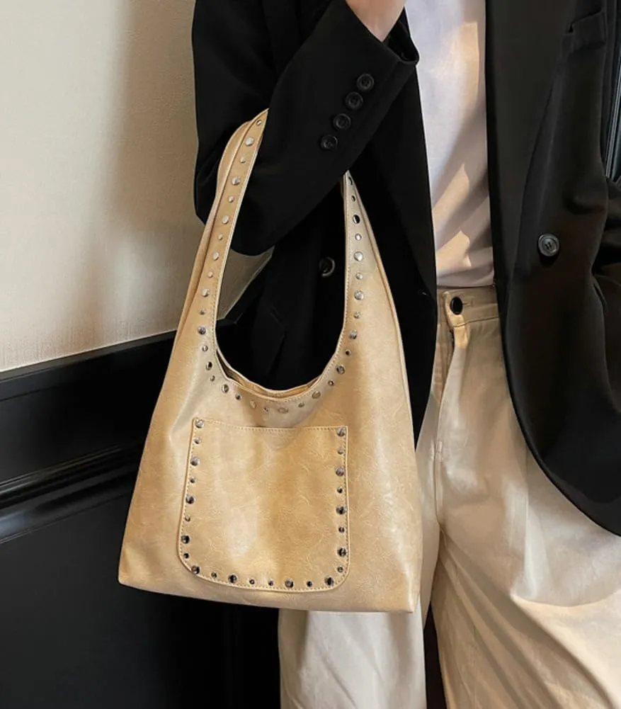 Trendy PU Leather Hobo Bags Vintage Tote Bags Studded Purses for Women Y2K Purse Chic Shoulder Handbags