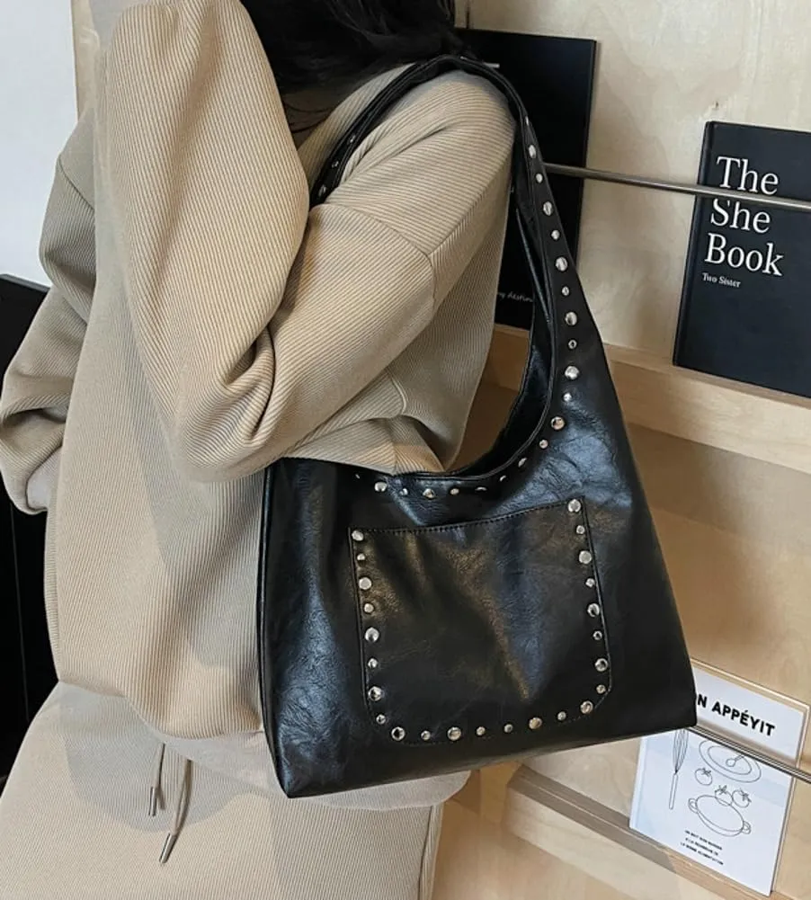 Trendy PU Leather Hobo Bags Vintage Tote Bags Studded Purses for Women Y2K Purse Chic Shoulder Handbags