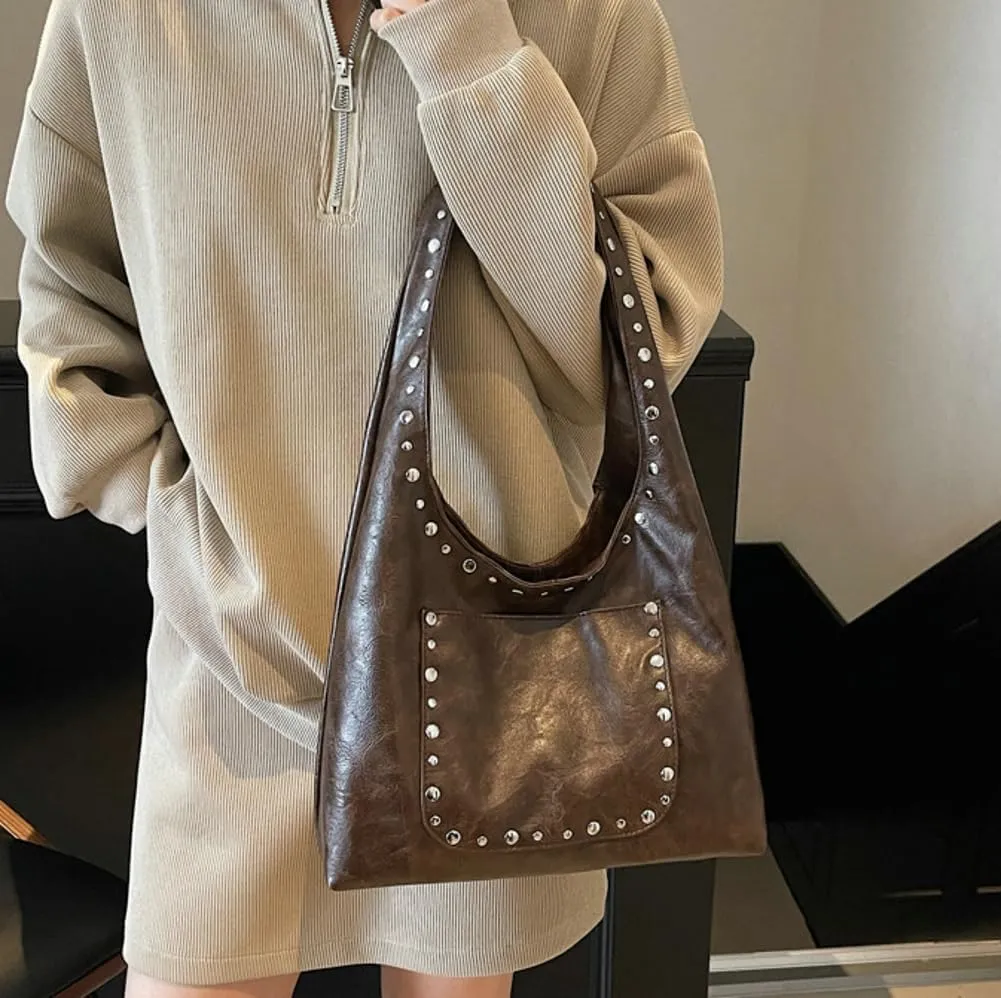 Trendy PU Leather Hobo Bags Vintage Tote Bags Studded Purses for Women Y2K Purse Chic Shoulder Handbags