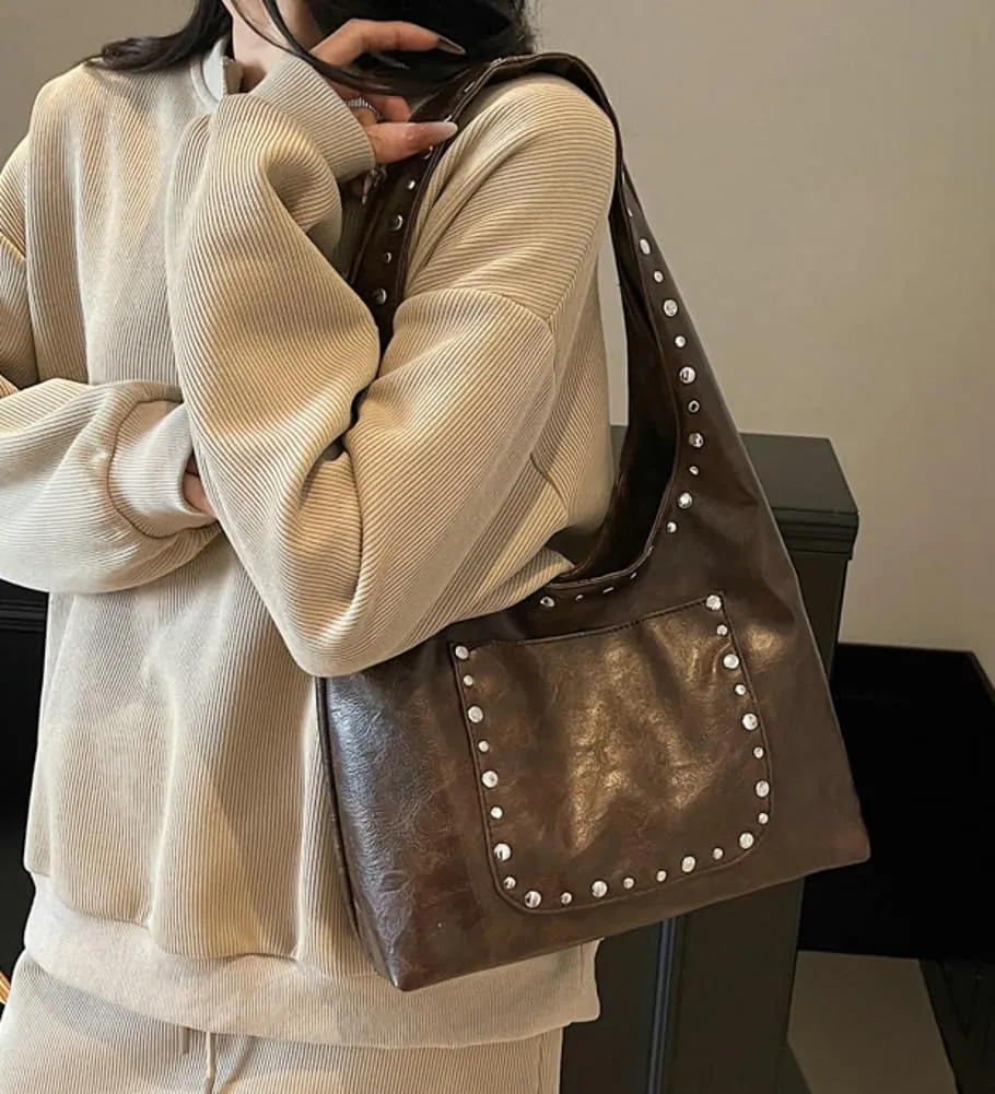 Trendy PU Leather Hobo Bags Vintage Tote Bags Studded Purses for Women Y2K Purse Chic Shoulder Handbags