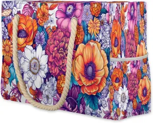 Tropical Flower Floral Printed Beach Bag for Women Ladies Large Beach Pool Tote Bag Sandproof Beach Tote with Zipper Gym Tote Carry On Bag Reusable Grocery Shopping Bag for Weekender Travel Daily