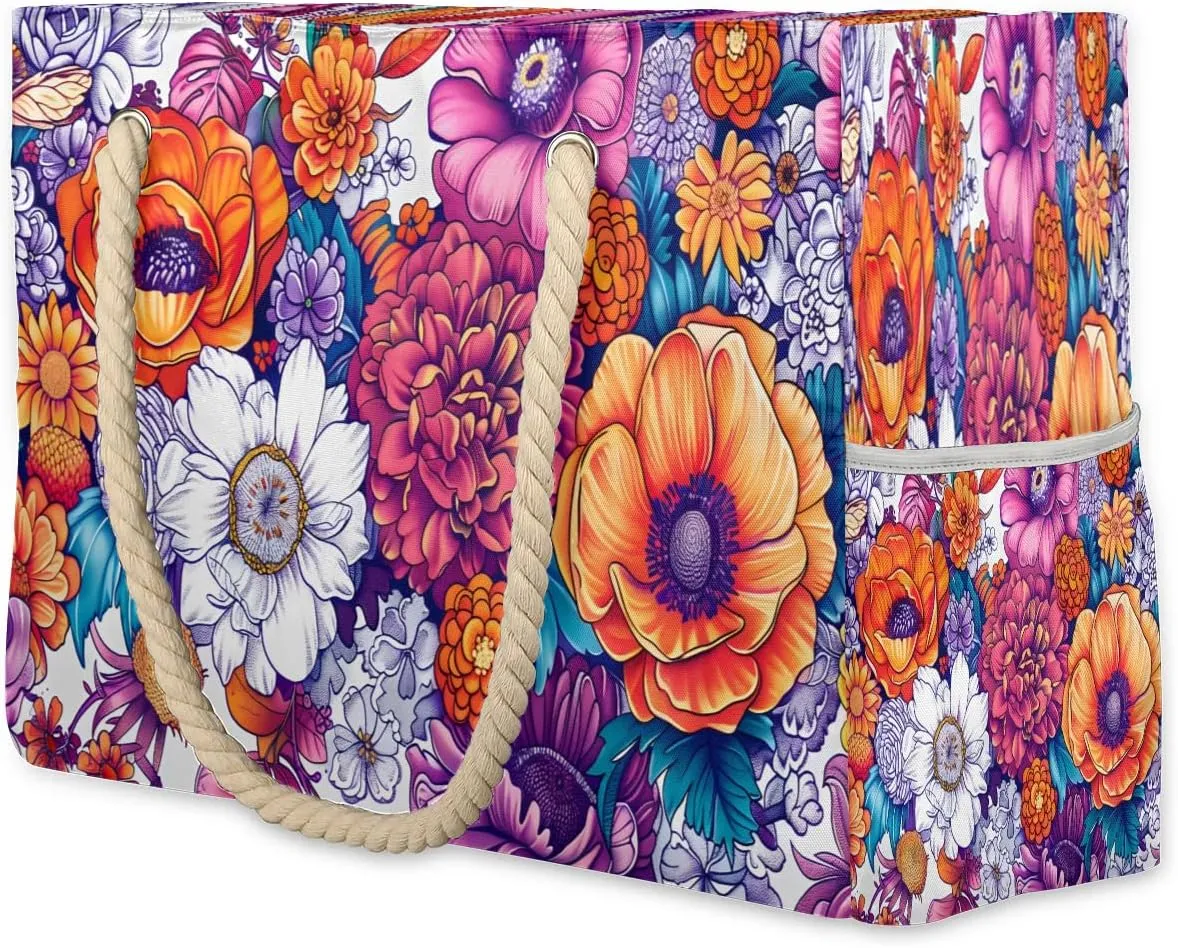 Tropical Flower Floral Printed Beach Bag for Women Ladies Large Beach Pool Tote Bag Sandproof Beach Tote with Zipper Gym Tote Carry On Bag Reusable Grocery Shopping Bag for Weekender Travel Daily