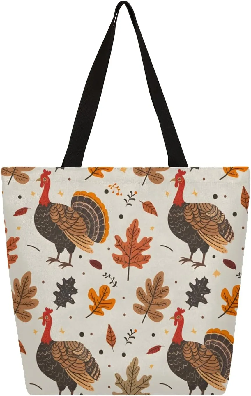 Turkey Leaves Large Capacity Canvas Tote Bag Stylish Handheld Shoulder Bag Reusable Shopping Bag for Work Travel Beach Trips Shopping