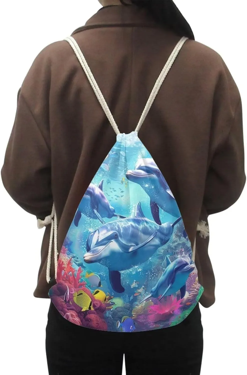 Upetstory Adorable Dolphin Drawstring Backpack Gym Sack Pack Outdoor String Bag Cinch String Bags for Women Girls Kids Boys Travel Holiday Bags Home Beach Picnic Storage Pouch