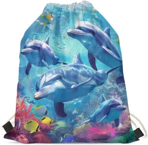 Upetstory Adorable Dolphin Drawstring Backpack Gym Sack Pack Outdoor String Bag Cinch String Bags for Women Girls Kids Boys Travel Holiday Bags Home Beach Picnic Storage Pouch