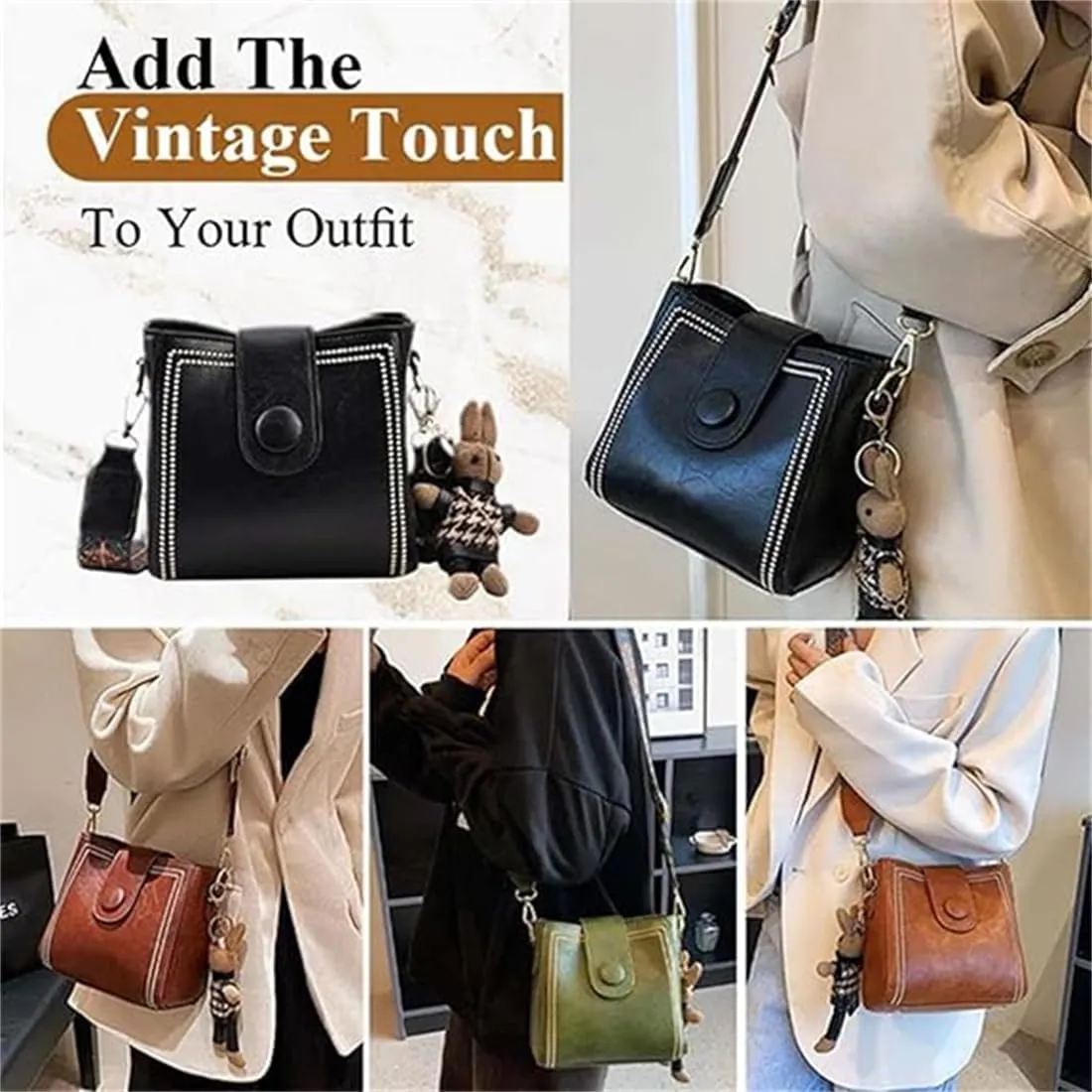 Vintage Fashion Bag with Adjustable Wider Shoulder Strap, Vintage Crossbody Bags for Women, Black Bucket Bag