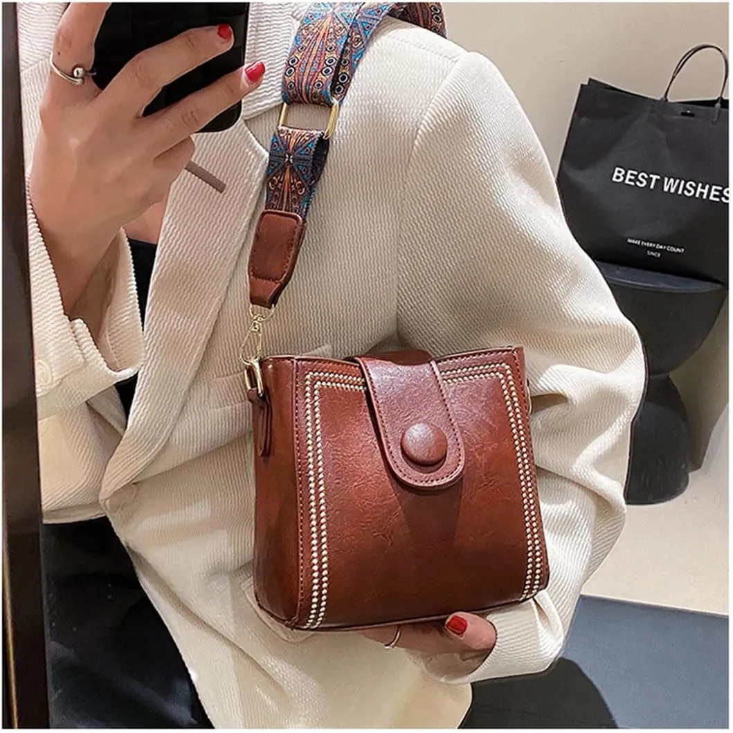 Vintage Fashion Bag with Adjustable Wider Shoulder Strap, Vintage Crossbody Bags for Women, Black Bucket Bag