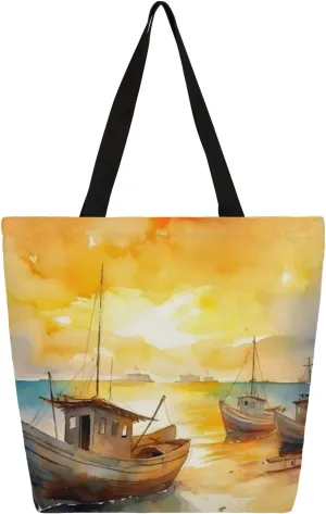 Watercolor Boats Large Capacity Canvas Tote Bag Stylish Handheld Shoulder Bag Reusable Shopping Bag for Work Travel Beach Trips Shopping