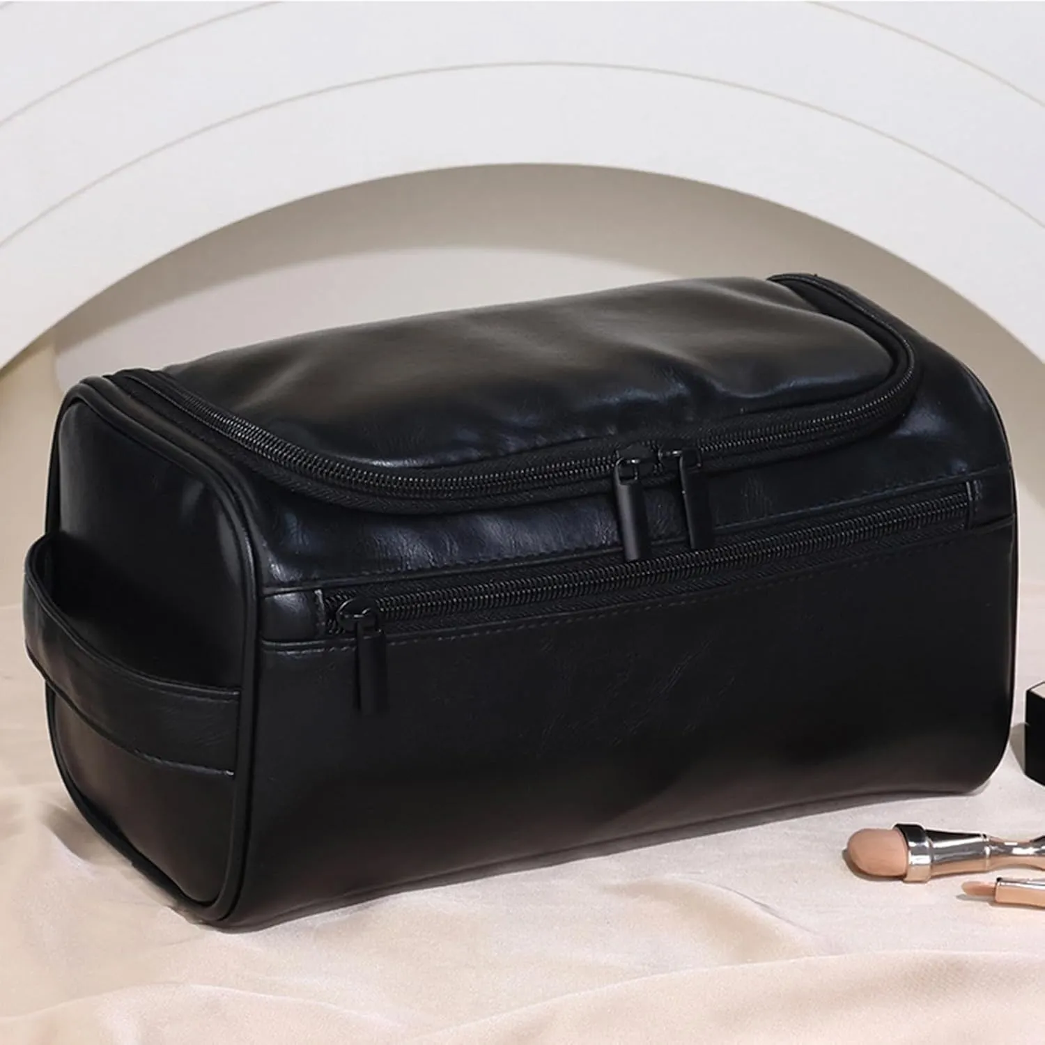 Waterproof Cosmetic Bag Faux Leather with Hook Large Capacity Portable Handle Zipper Multifunctional Travel Toiletry Makeup Pouch Organizer Spacious C