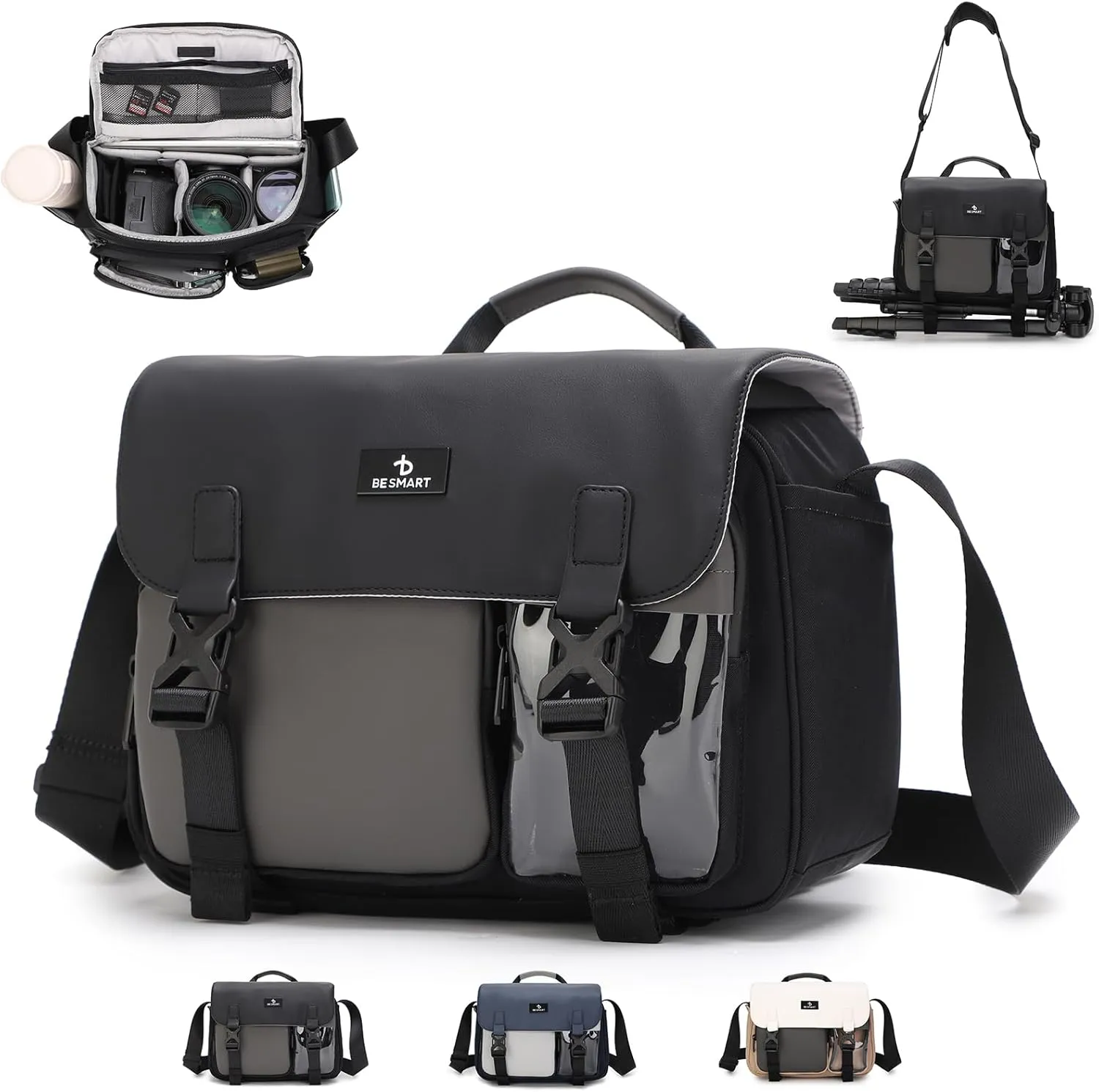Waterproof Professional Camera Bag with Tripod & Trolley Sleeve, Shockproof Camera Case Shoulder Bags for DSLR/SLR/Mirrorless Cameras, Crossbody Sling Soft Padded Photography Bag (Black)
