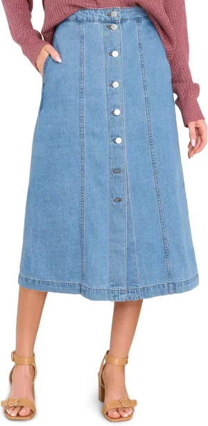 Wenrine Women's Button Down Denim Skirt High Waisted Casual Loose Jean Midi Skirts with Pockets
