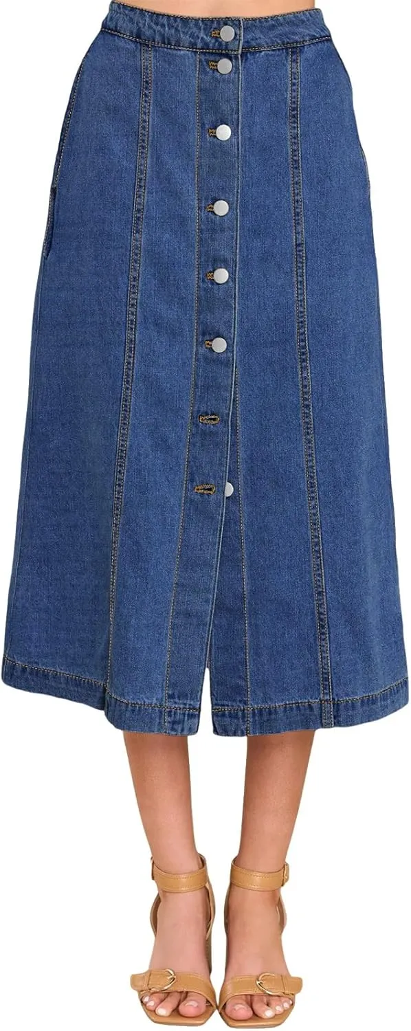 Wenrine Women's Button Down Denim Skirt High Waisted Casual Loose Jean Midi Skirts with Pockets