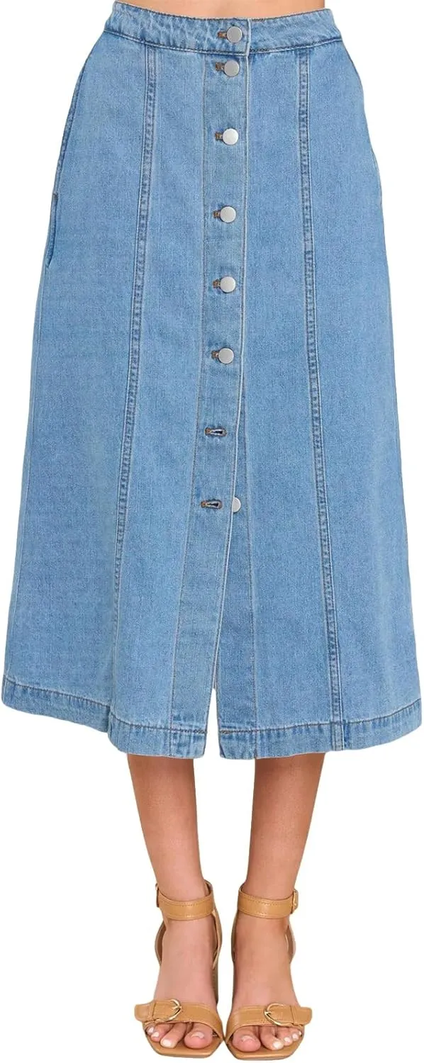 Wenrine Women's Button Down Denim Skirt High Waisted Casual Loose Jean Midi Skirts with Pockets