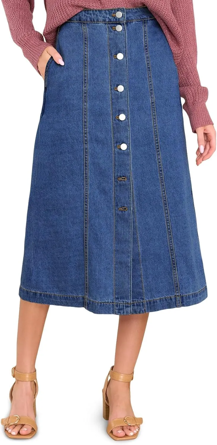 Wenrine Women's Button Down Denim Skirt High Waisted Casual Loose Jean Midi Skirts with Pockets
