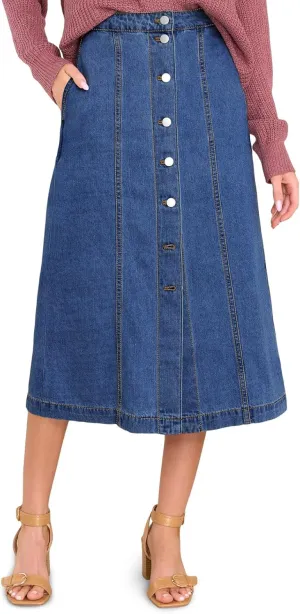 Wenrine Women's Button Down Denim Skirt High Waisted Casual Loose Jean Midi Skirts with Pockets