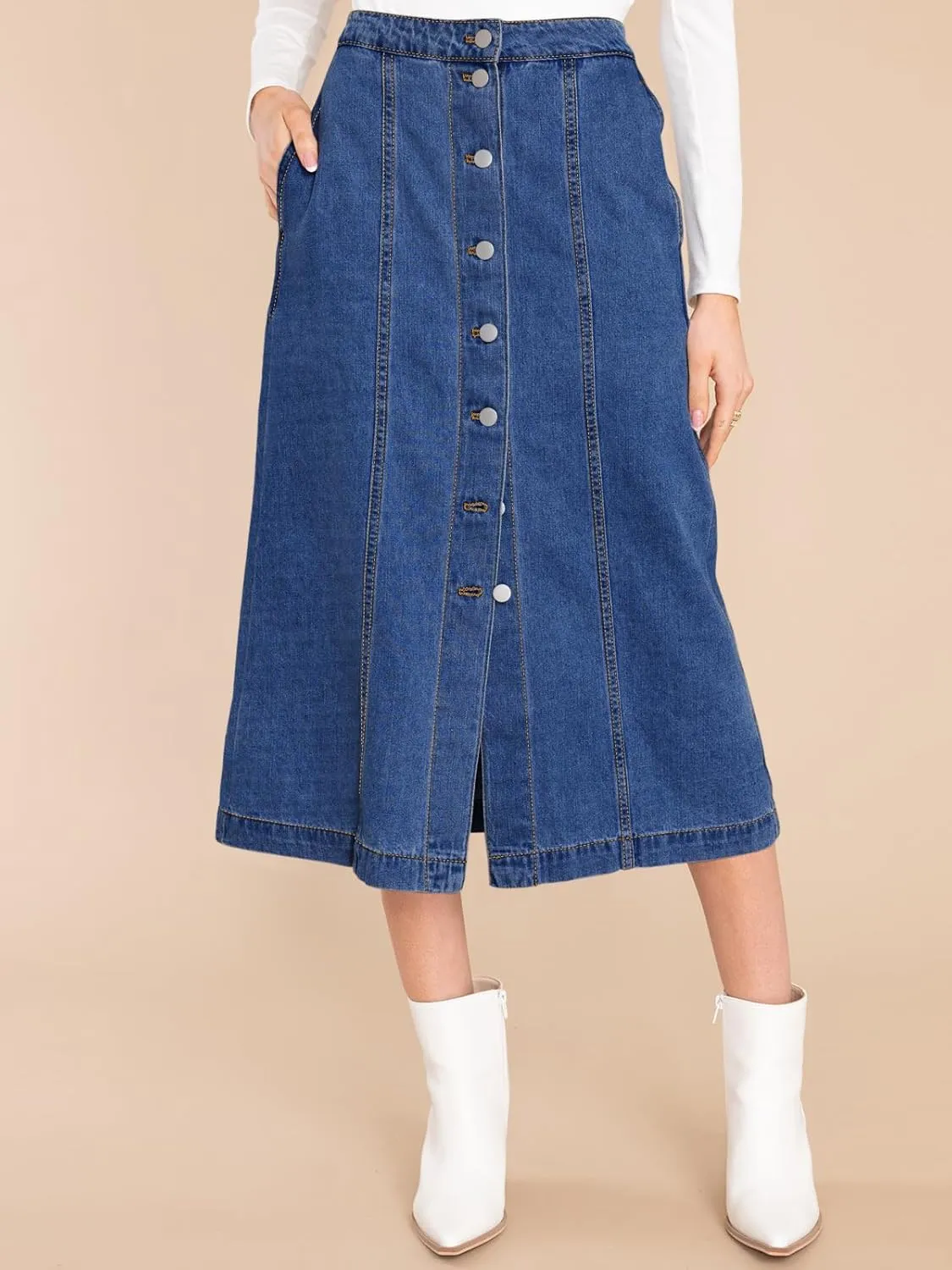 Wenrine Women's Button Down Denim Skirt High Waisted Casual Loose Jean Midi Skirts with Pockets