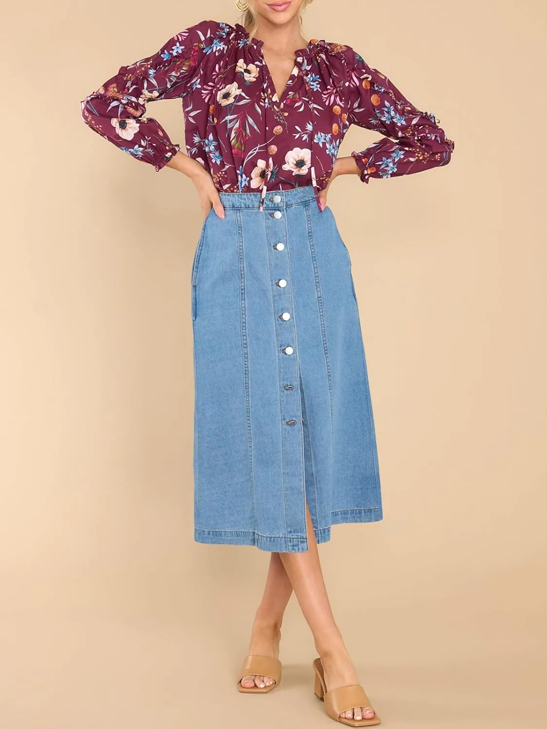 Wenrine Women's Button Down Denim Skirt High Waisted Casual Loose Jean Midi Skirts with Pockets