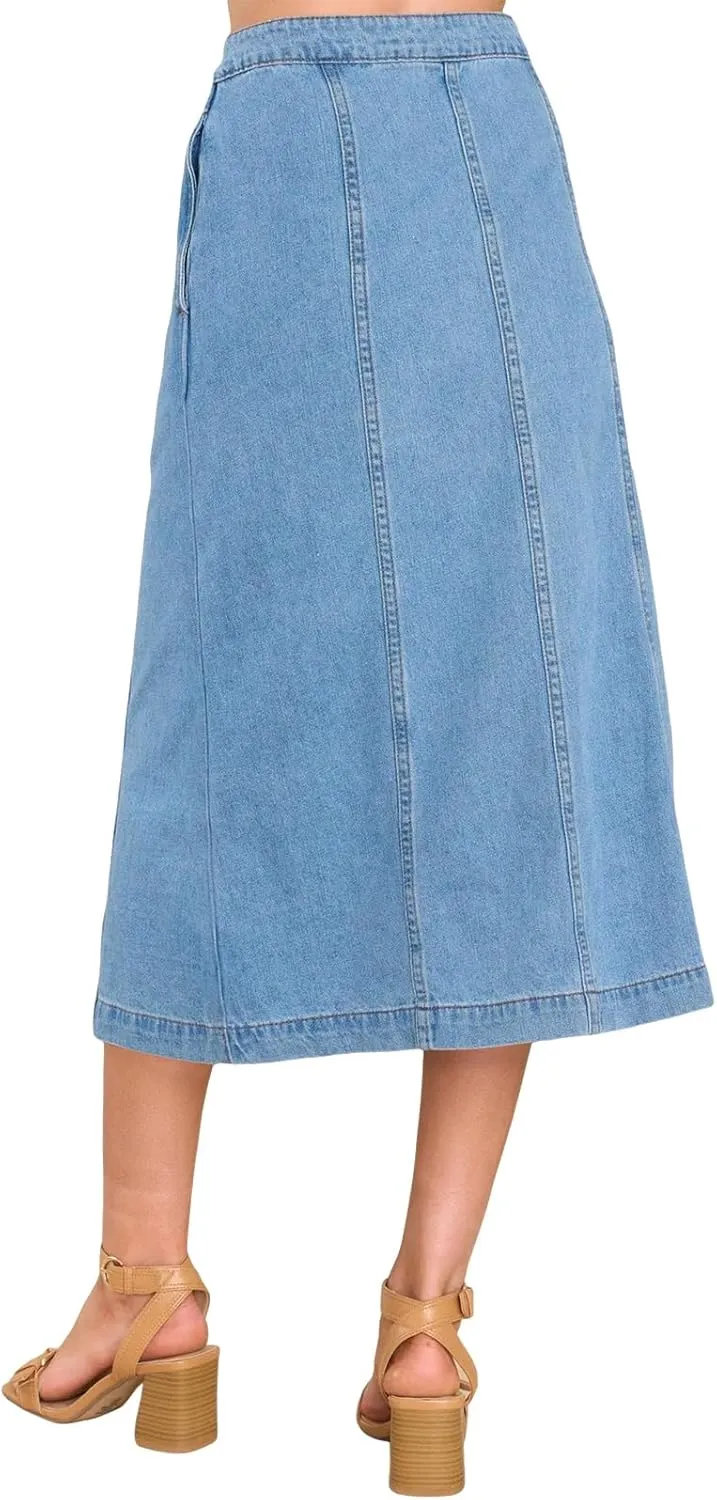 Wenrine Women's Button Down Denim Skirt High Waisted Casual Loose Jean Midi Skirts with Pockets