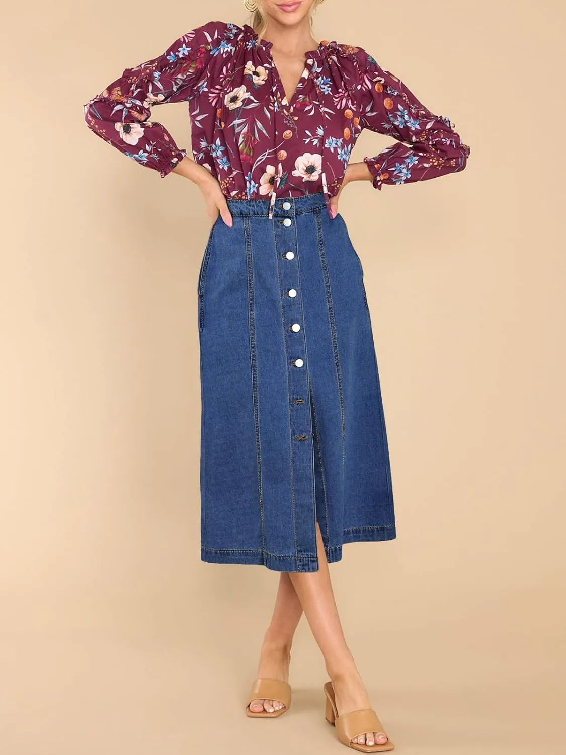 Wenrine Women's Button Down Denim Skirt High Waisted Casual Loose Jean Midi Skirts with Pockets