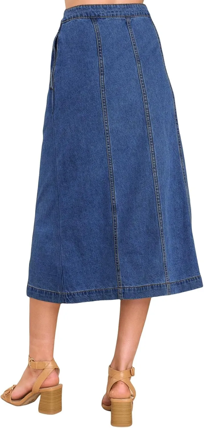 Wenrine Women's Button Down Denim Skirt High Waisted Casual Loose Jean Midi Skirts with Pockets