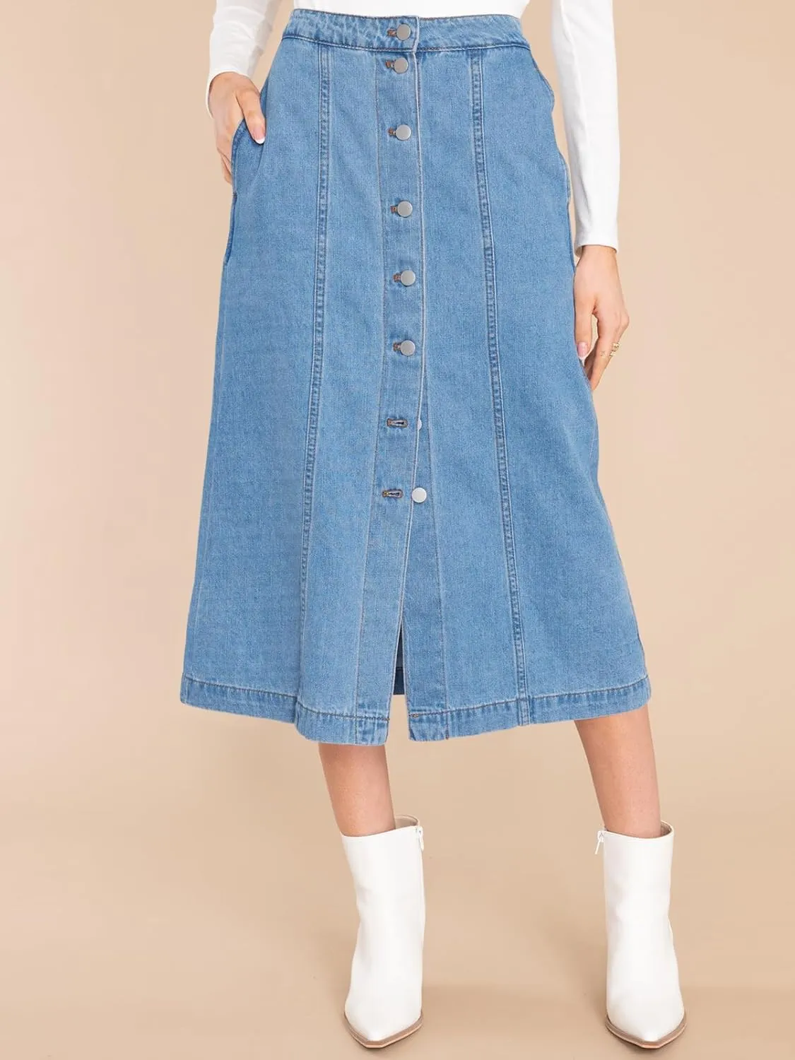 Wenrine Women's Button Down Denim Skirt High Waisted Casual Loose Jean Midi Skirts with Pockets