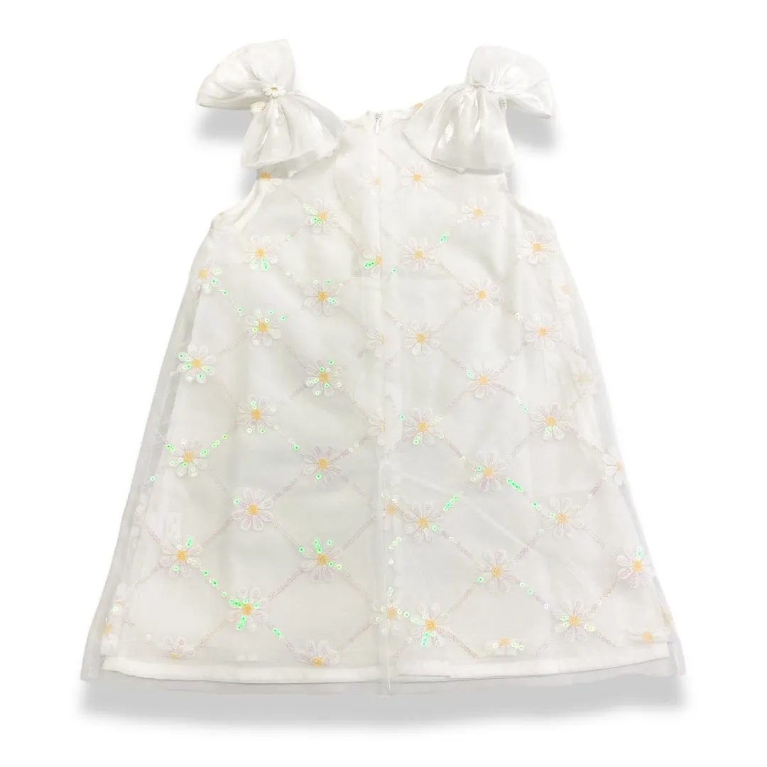 White Sequin Daisy Mesh Dress