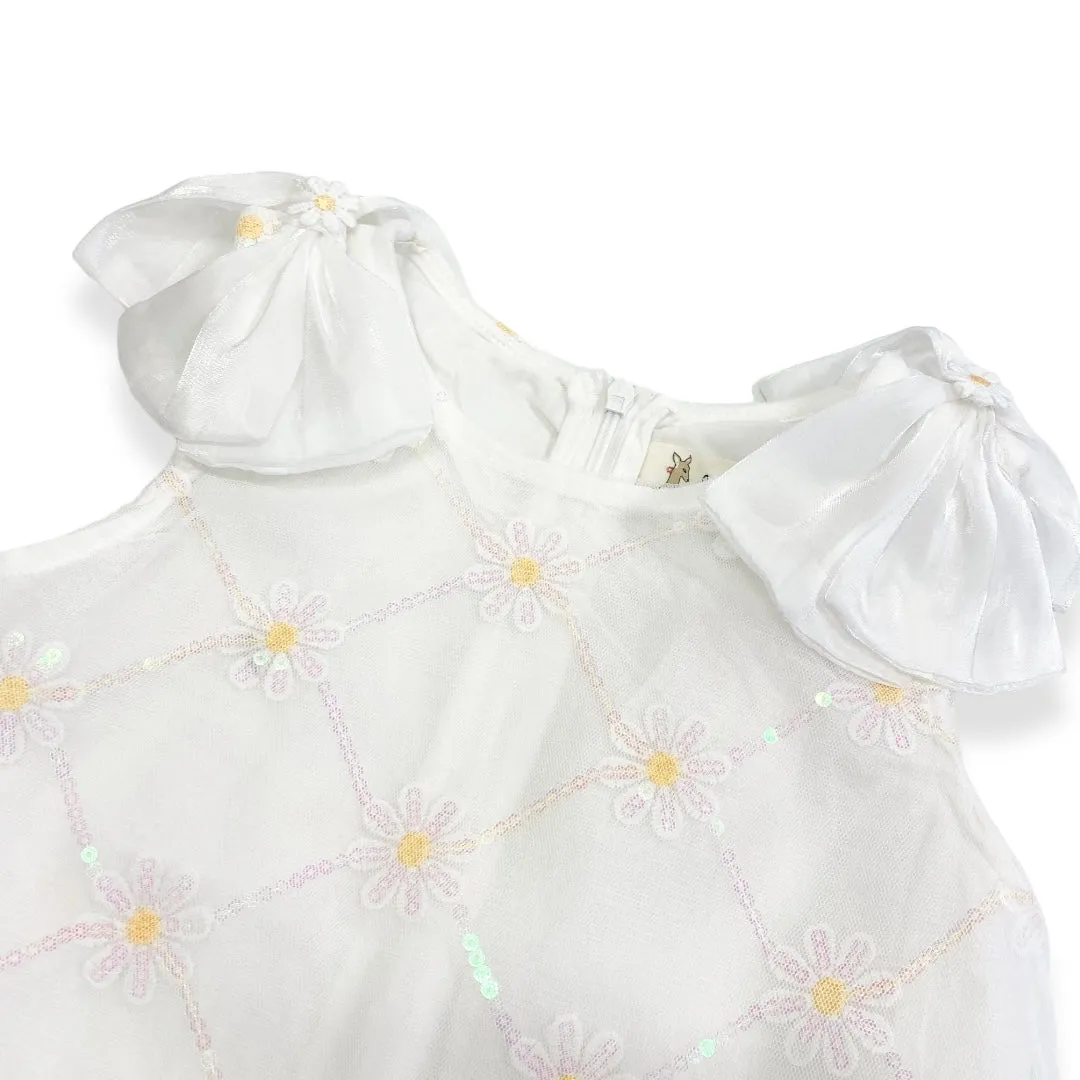 White Sequin Daisy Mesh Dress