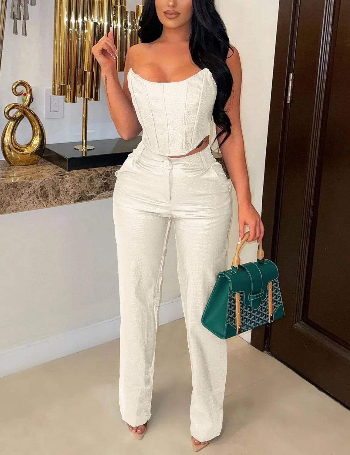 WOKANSE Women's Sexy Chic PU Faux Leather 2 Piece Outfits Tube Crop Tops and Casual Straight Leg Trousers Pants Set
