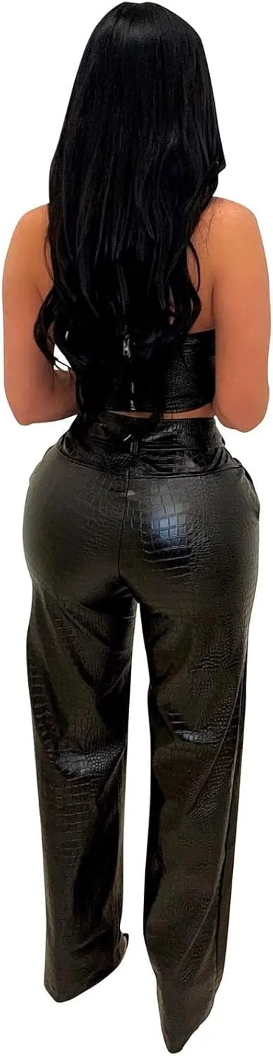 WOKANSE Women's Sexy Chic PU Faux Leather 2 Piece Outfits Tube Crop Tops and Casual Straight Leg Trousers Pants Set