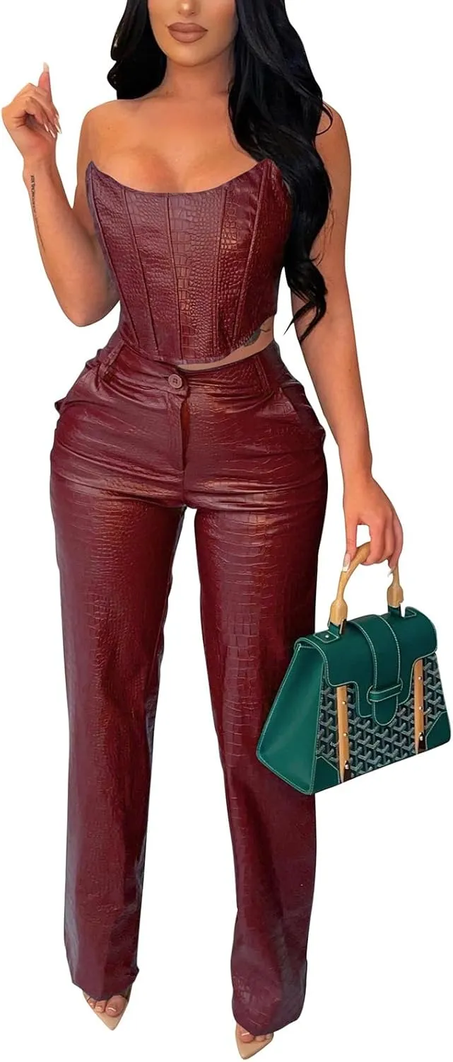 WOKANSE Women's Sexy Chic PU Faux Leather 2 Piece Outfits Tube Crop Tops and Casual Straight Leg Trousers Pants Set