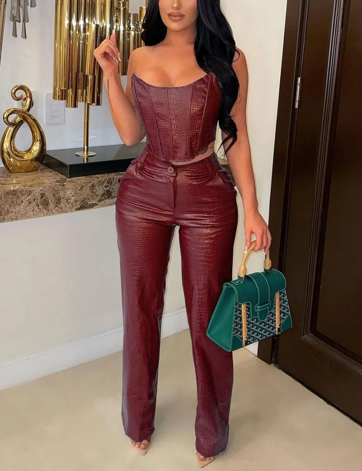 WOKANSE Women's Sexy Chic PU Faux Leather 2 Piece Outfits Tube Crop Tops and Casual Straight Leg Trousers Pants Set