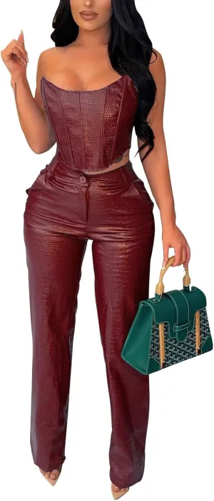 WOKANSE Women's Sexy Chic PU Faux Leather 2 Piece Outfits Tube Crop Tops and Casual Straight Leg Trousers Pants Set