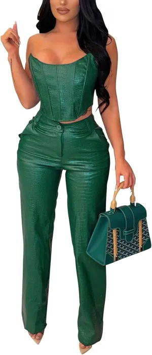 WOKANSE Women's Sexy Chic PU Faux Leather 2 Piece Outfits Tube Crop Tops and Casual Straight Leg Trousers Pants Set
