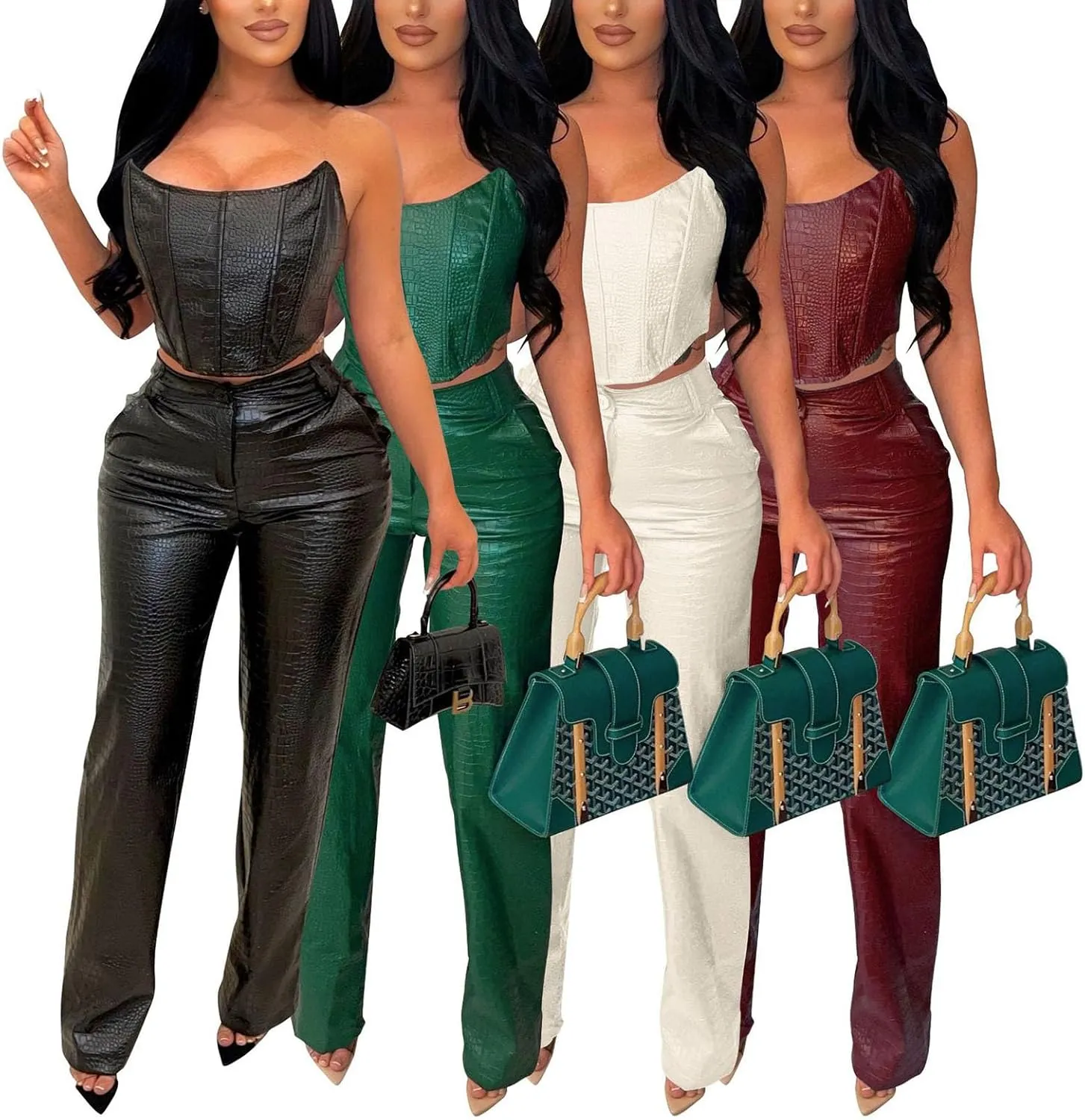 WOKANSE Women's Sexy Chic PU Faux Leather 2 Piece Outfits Tube Crop Tops and Casual Straight Leg Trousers Pants Set