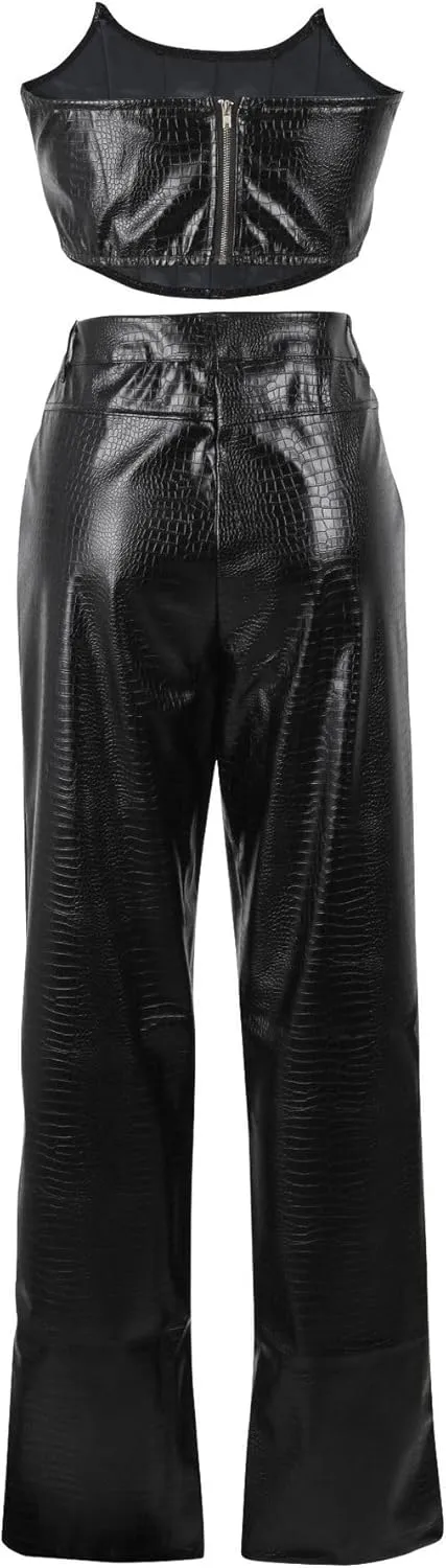 WOKANSE Women's Sexy Chic PU Faux Leather 2 Piece Outfits Tube Crop Tops and Casual Straight Leg Trousers Pants Set