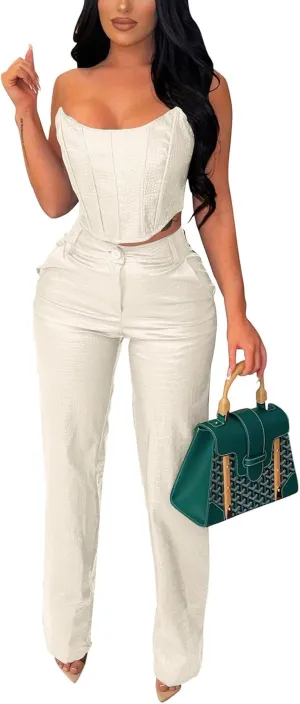 WOKANSE Women's Sexy Chic PU Faux Leather 2 Piece Outfits Tube Crop Tops and Casual Straight Leg Trousers Pants Set