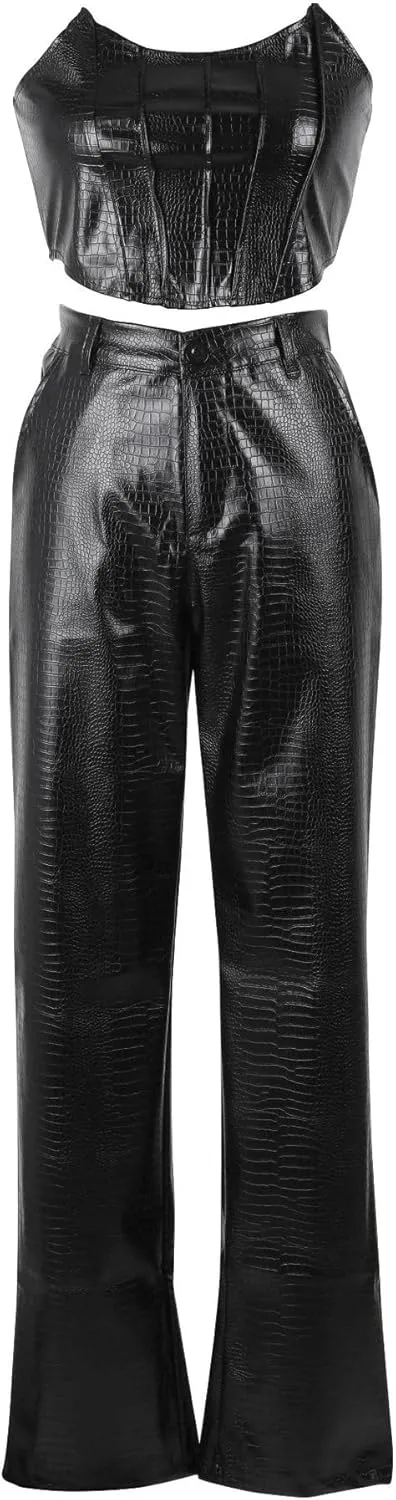 WOKANSE Women's Sexy Chic PU Faux Leather 2 Piece Outfits Tube Crop Tops and Casual Straight Leg Trousers Pants Set